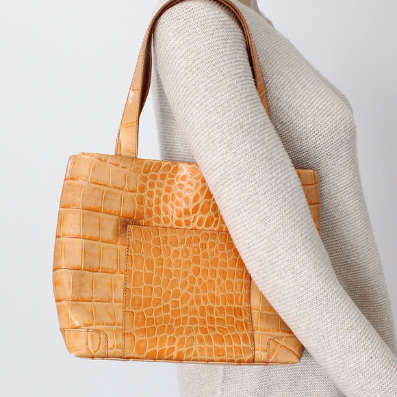 Barantani Orange Croc Embossed Leather Shoulder Bag Crocodile Made in Italy - Picture 9 of 10